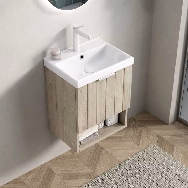 Mobile sottolavabo sospeso con lavabo in ceramica 2 ante e ripiano aperto per bagno in multistrato rovere chiaro
