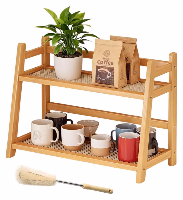 Scaffale per borse, 2 ripiani, aspetto bambù e rattan, 45 cm
