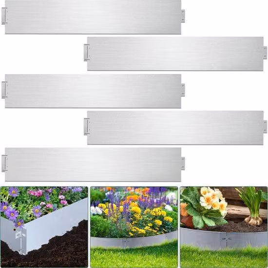 Bordo per giardino in metallo, recinzione curva, zincata, colore argento, dimensioni 100x18 cm, lunghezza 5 metri