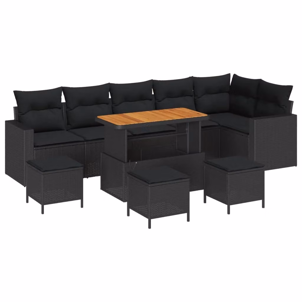 Set Divano da Giardino Moderno vidaXL 10 Pezzi in Polyrattan Nero con Cuscini e Tavolino – 2