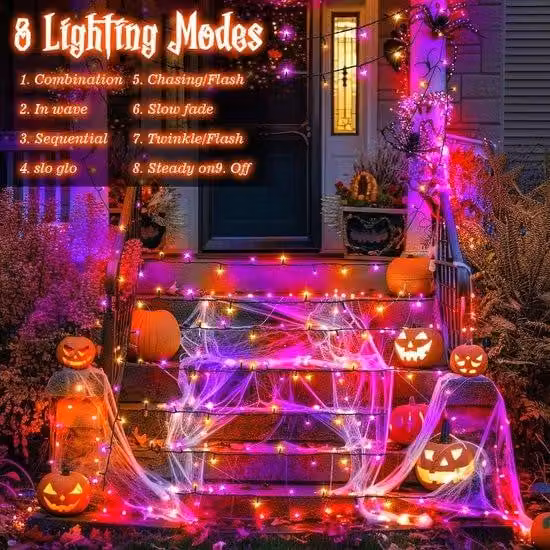 Ibenzoa® – Catena luminosa LED per Halloween – 10 metri, 100 LED, 8 modalità di illuminazione, timer (6h/18h), grado di protezione IP65 (resistente all'acqua), alimentazione a batteria, colore arancione e viola, adatta per interni ed esterni