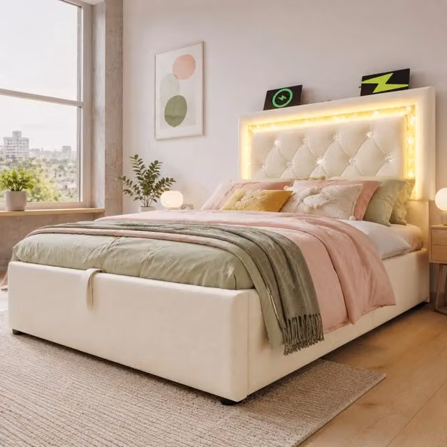 Letto singolo imbottito 90 × 200 cm con vano contenitore in velluto beige testiera LED USB e type-c