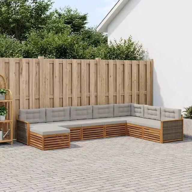 Set di divani da esterno a L con ottoman vidaXL in legno di acacia, colore beige e grigio, 8 pezzi