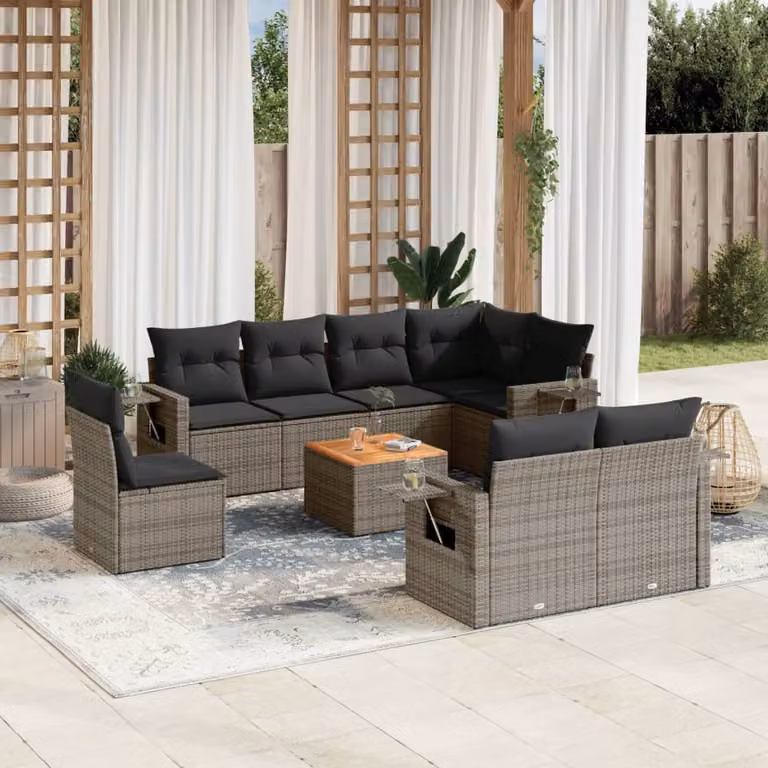 vidaXL Set Divano da Giardino a L 9 pz in Polyrattan Grigio con Cuscini e Tavolino