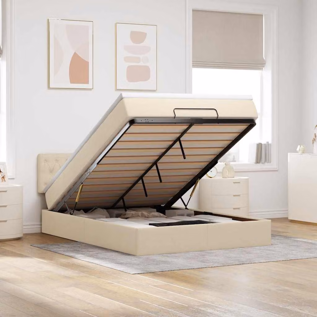 vidaXL Pouf Letto con Materasso, Illuminazione LED Sotto il Letto e Porta USB, Beige e Bianco, L: 140 cm, P: 193 cm, H: 88 cm
