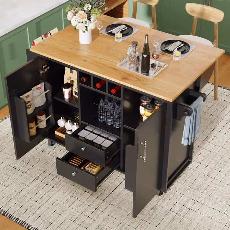 Isola da cucina STILVORA con ruote, mobile da cucina multifunzionale con portasciugamani, ripiano per spezie e scaffale per vino, carrello da cucina con piano di lavoro pieghevole, colore nero