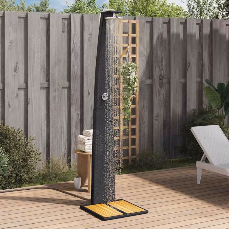 Doccia da esterno vidaXL in polyrattan e legno di acacia, colore nero, L: 55 cm, P: 60 cm, H: 224 cm