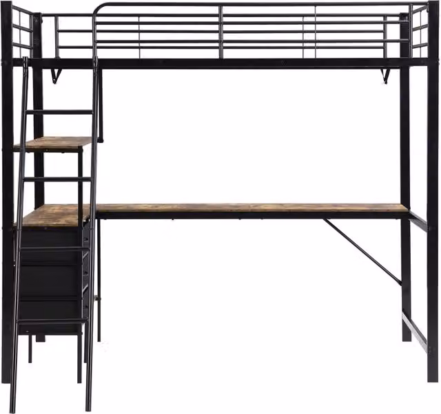 Letto a Castello in Ferro con Scrivania 2m, 3 Cassetti e Scala a 4 Gradini, Nero e Noce Scuro, 90x200 cm