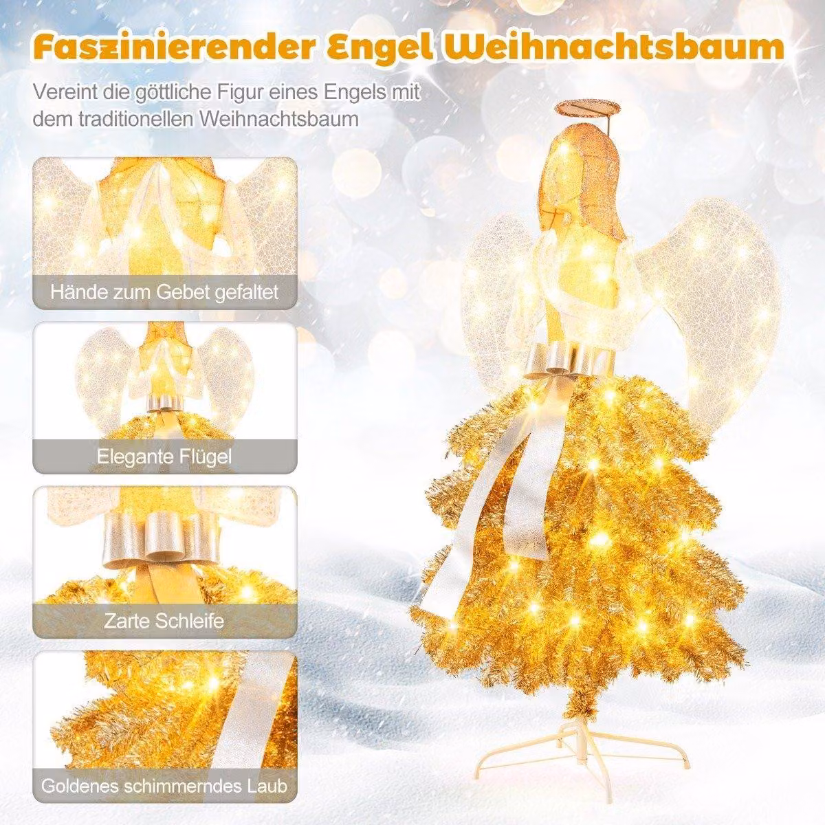 Albero di Natale artificiale con figura di angelo Decorazione natalizia con luci LED bianche calde