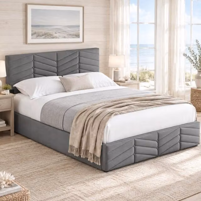 Letto matrimoniale imbottito 140 × 200 cm con contenitore idraulico in velluto grigio e testiera regolabile
