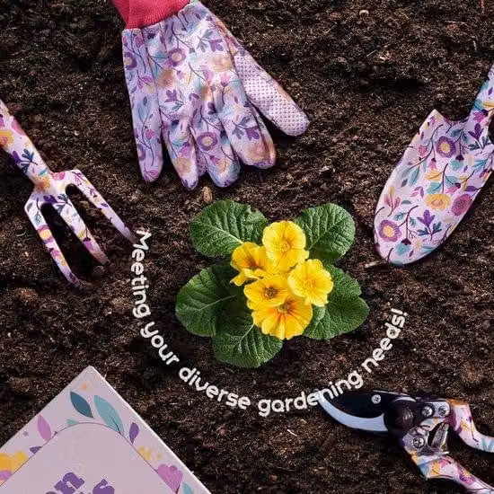Set di 5 utensili da giardino Unyqoos® con motivo floreale: confezione regalo, guanti, paletta, rastrello, manici ergonomici e cesoie da potatura in lega di alluminio e acciaio