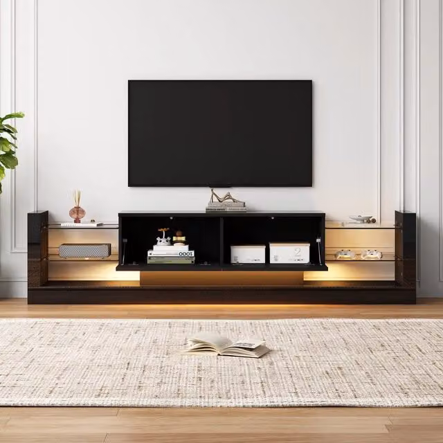 Mobile TV Minimal con LED nero lucido, vetro e legno, L: 181 cm, P: 38 cm, H: 35 cm