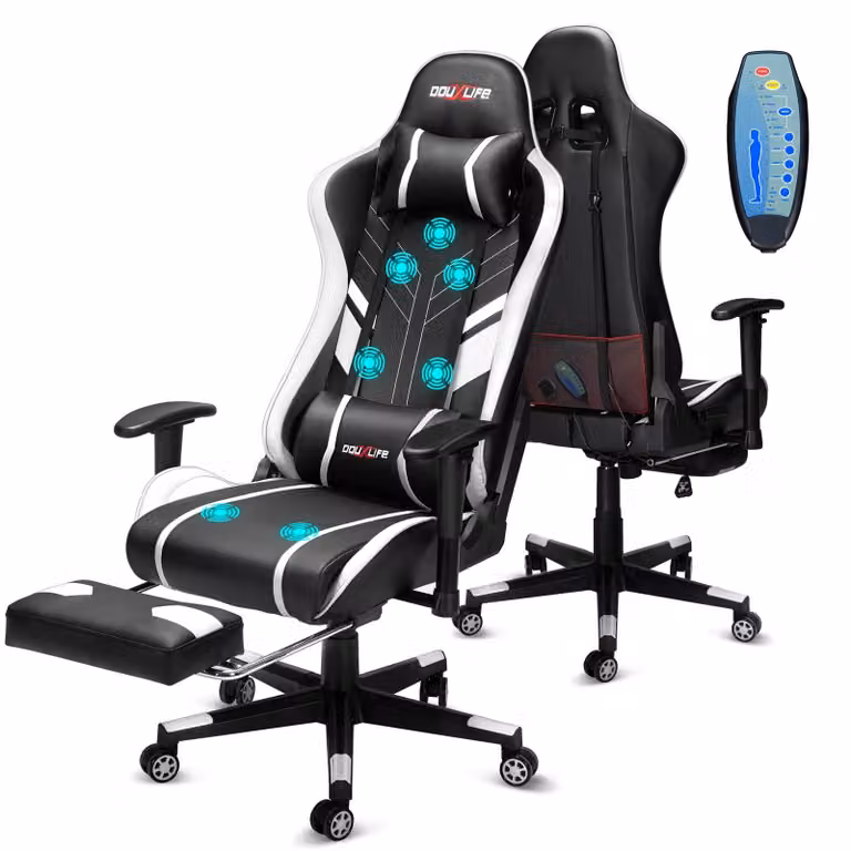 Sedia da gaming con funzione massaggio, poggiapiedi, capacità di carico fino a 180 kg, colore nero e bianco