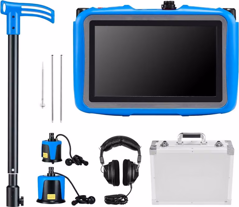 Rilevatore di perdite d'acqua per tubature esterne, 1Hz-10000Hz, localizzatore di perdite con touchscreen LCD per tubature sotterranee fino a 5 m di profondità - con sensore medio e grande, 3 aste di ascolto, cuffie e custodia