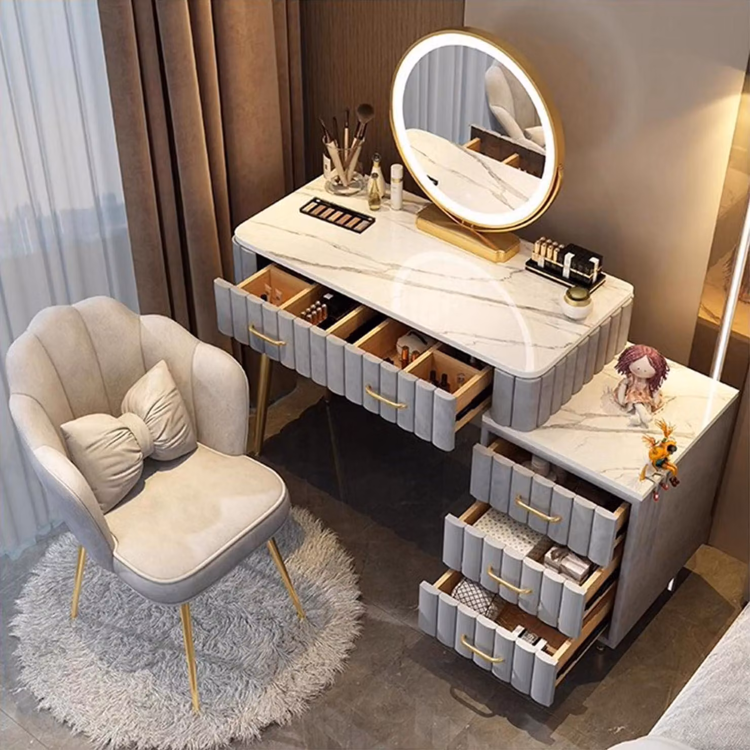 Set da trucco con specchio e sedia, 5 cassetti, legno massello, colore grigio, 80 cm
