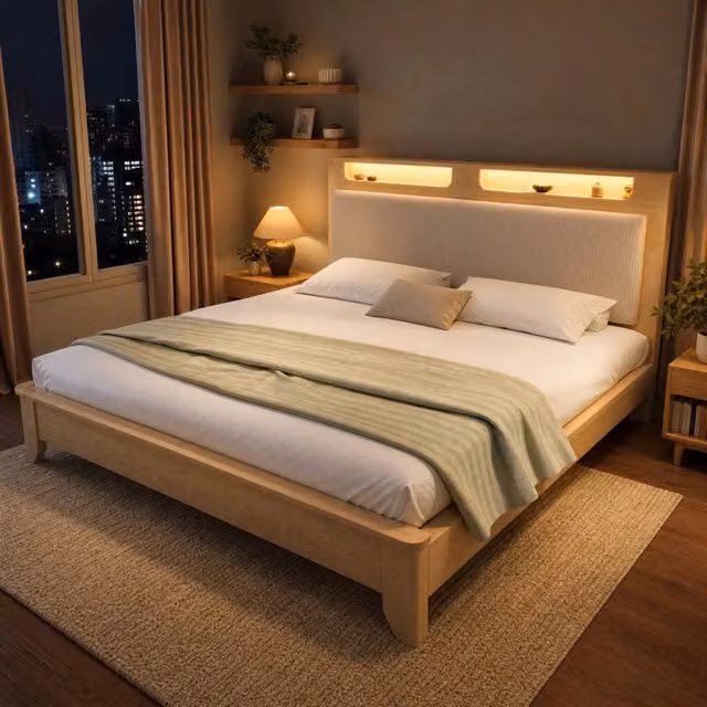 Letto matrimoniale Mivray in rovere e beige con testiera a ripiani e illuminazione LED sottostante, L/P: 180 x 200 cm