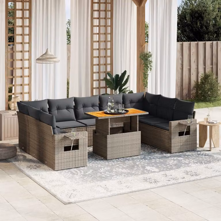 vidaXL Set Divano da Giardino 10 pz in Polyrattan Grigio con Cuscini e Tavolino da Esterno a Forma di U