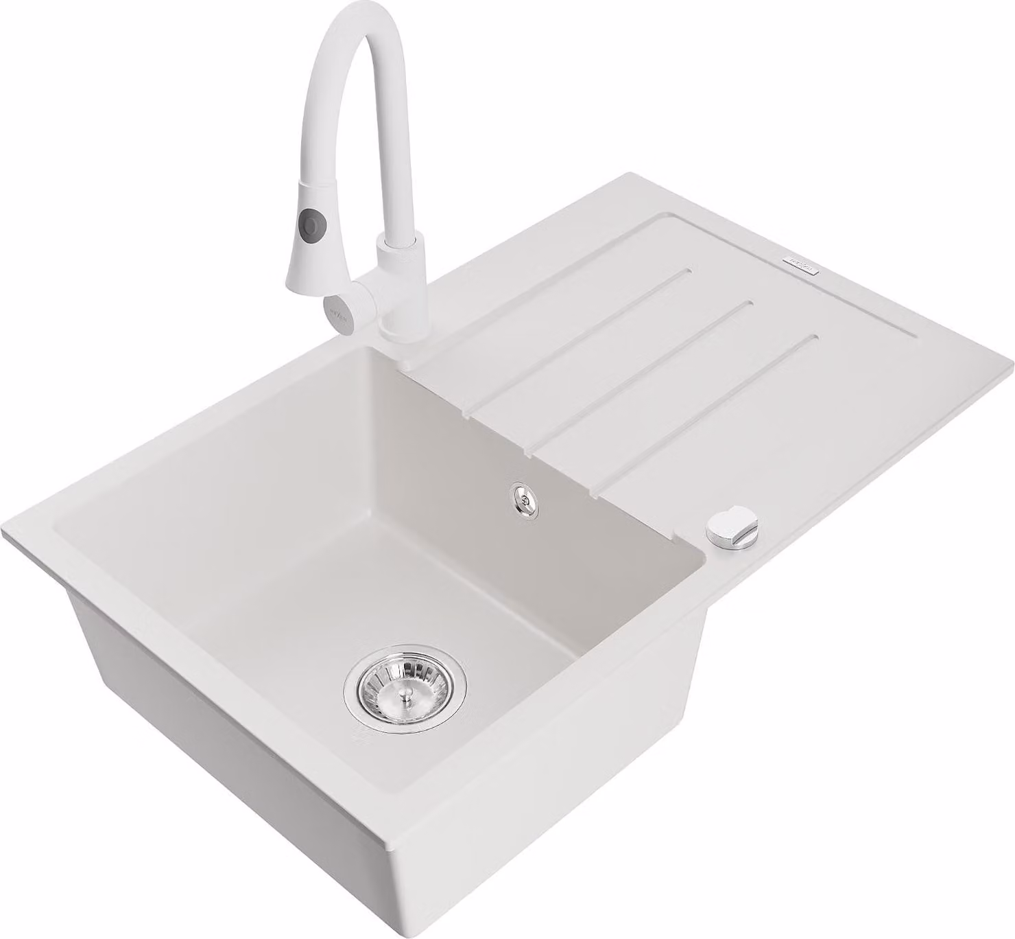 Mexen Bruno lavello da cucina in granito a 1 vasca con scolapiatti e rubinetto da cucina Elia, bianco - 6513-20-670101-20