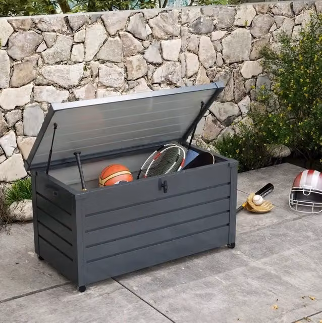 Cassapanca da giardino in acciaio 311 L con ruote; coperchio chiudibile; grigio scuro