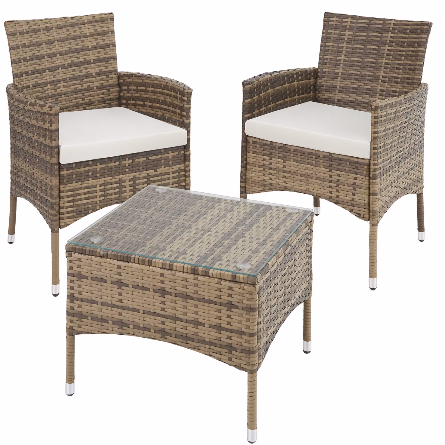 Set da giardino Lucerna di tectake in polyrattan con tavolo in vetro e rivestimenti in due colori, naturale