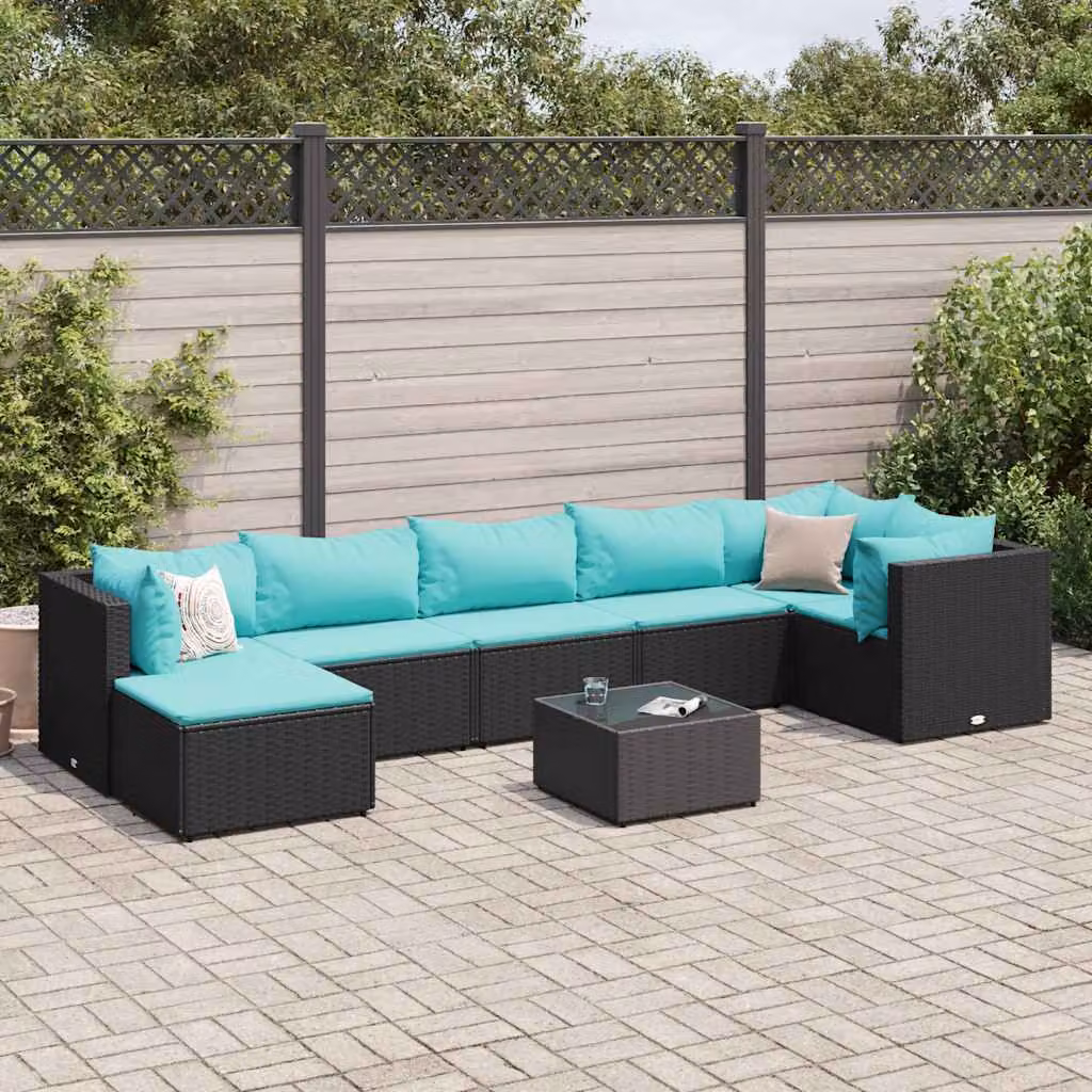 Set Mobili da Giardino vidaXL a Forma di L con 8 Pezzi, Polyrattan Nero e Cuscini Imbottiti per Terrazza e Giardino