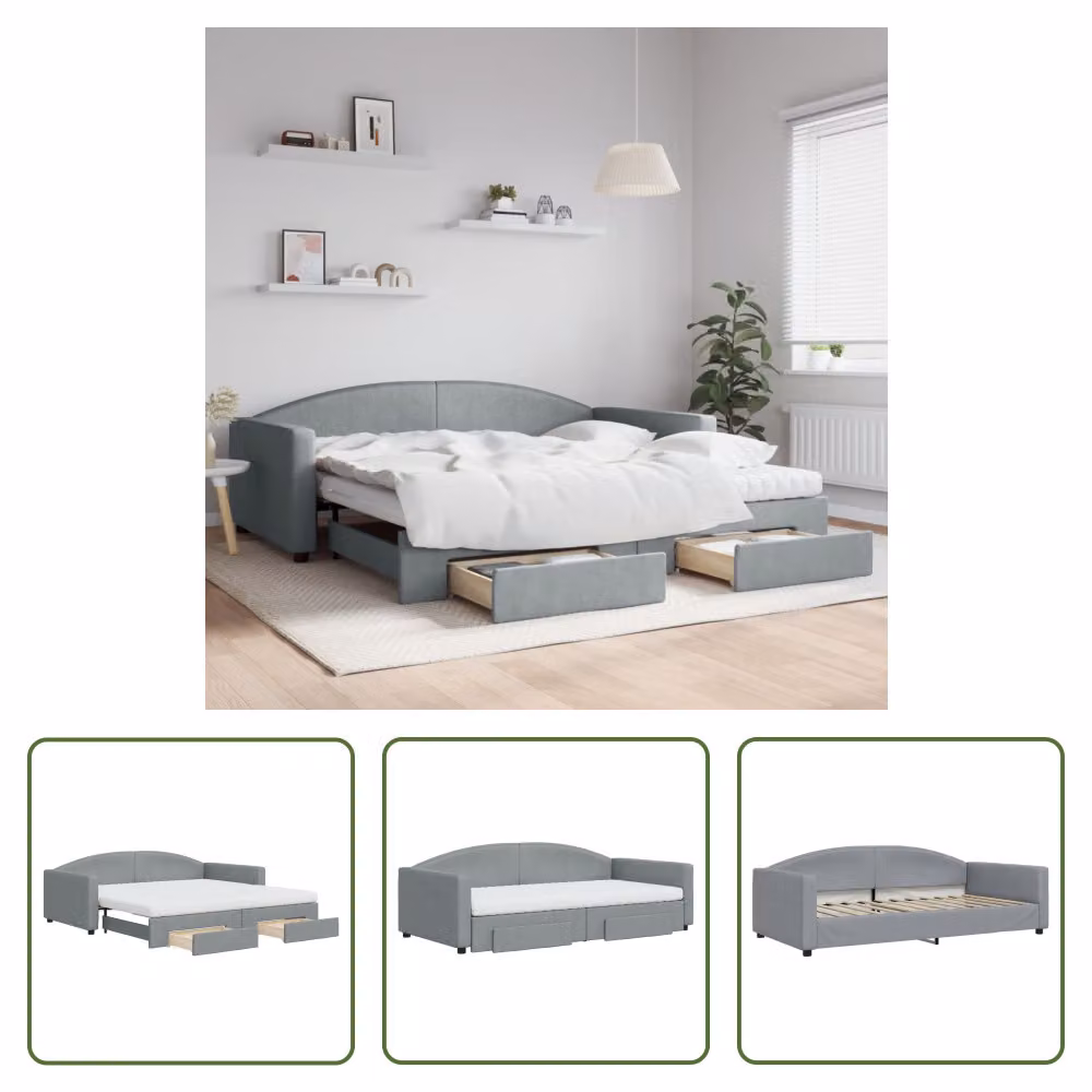 The Living Store Letto da giorno allungabile con cassetti grigio chiaro 100x200 cm tessuto