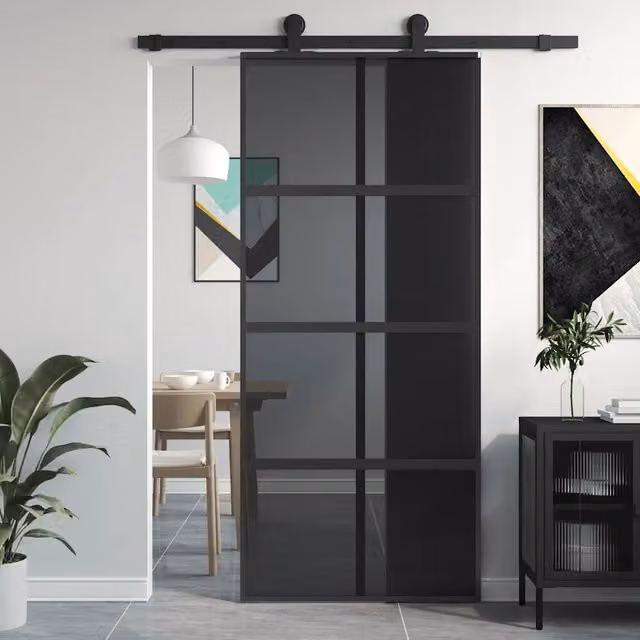 Porta Scorrevole vidaXL in Vetro Temperato Trasparente e Alluminio, Colore Nero, L: 90 cm, H: 205 cm – 1