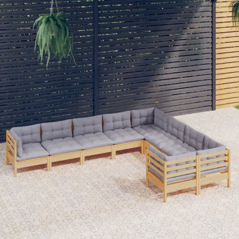 The Living Store Set da 9 pezzi per salotto da giardino con cuscini grigi in legno di pino