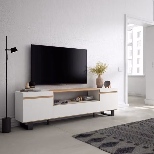 Mobile TV Soggiorno, 200x57x35cm, Per TV fino a 80", Design industriale, Bianco e Rovere soft