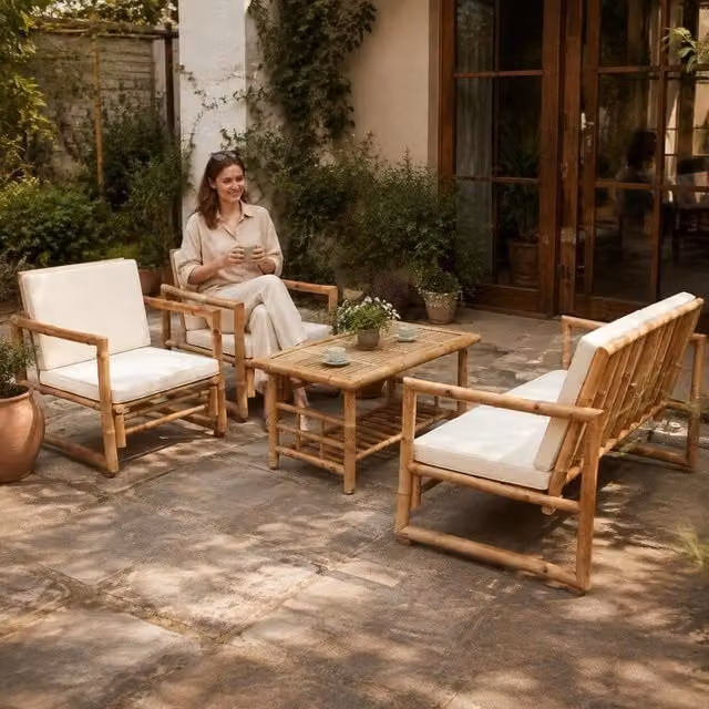 4-piece Garden Lounge Set With Cushions, Bamboo
