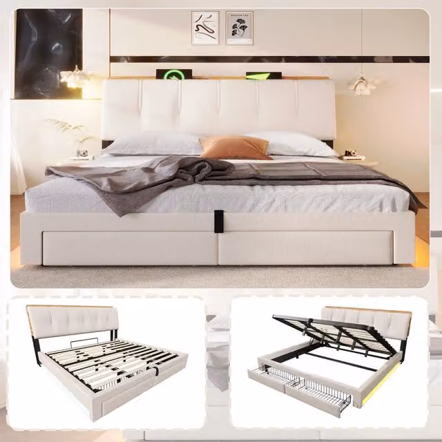 Letto imbottito 180 x 200 cm con contenitore idraulico, ricarica USB Type-C, illuminazione LED, senza materasso, in lino - Beige