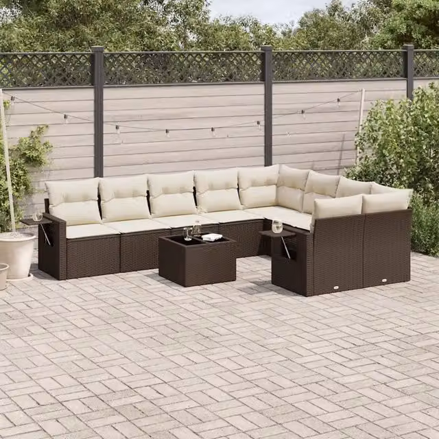 Set Divani da Giardino 10pz con Cuscini in Polyrattan Marrone 3252990