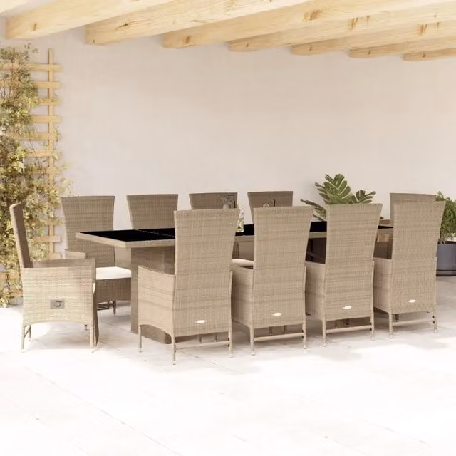 Set da Pranzo da Giardino vidaXL in Polyrattan con Cuscini Beige e Tavolo in Legno di Acacia, 11 Pezzi