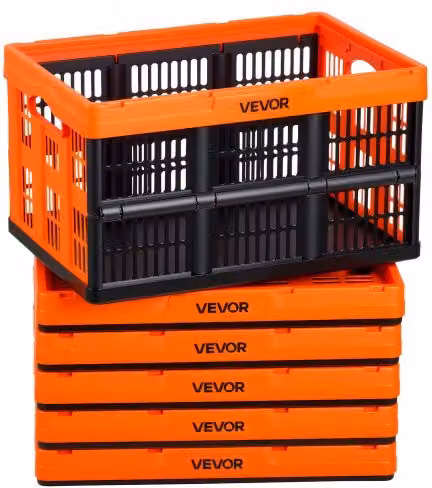 Set di 6 Scatole Portaoggetti Pieghevoli VEVOR in Plastica Mesh, Contenitori Impilabili con Maniglie, Colore Arancione, Capacità 45 L, Portata Massima 15 kg