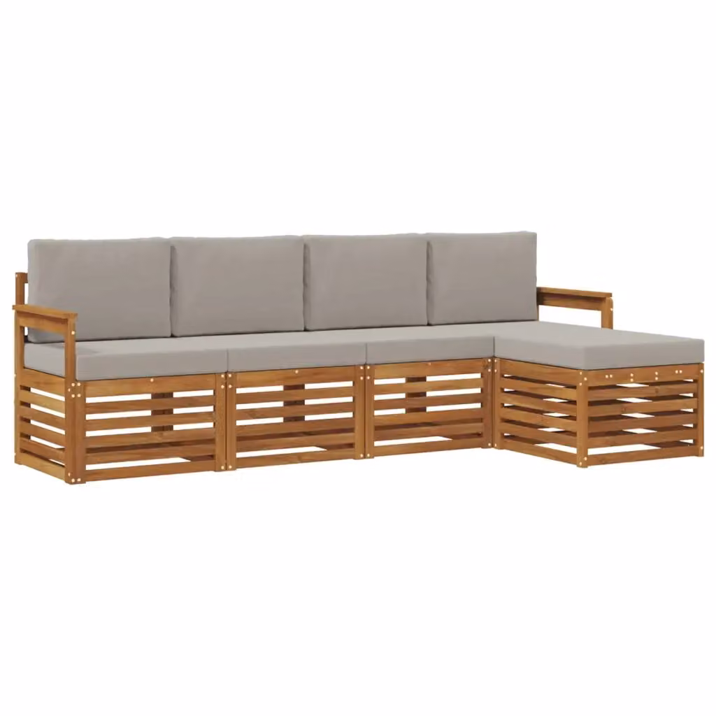 Set di divani da esterno a L vidaXL in legno di acacia con pouf e cuscini, beige e grigio – 2