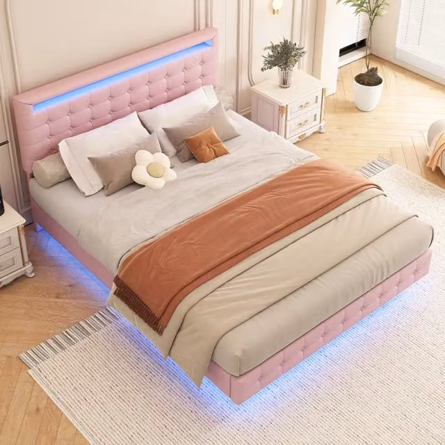 Letto matrimoniale rosa 140 x 200 cm sospeso con illuminazione LED; struttura in PU e MDF