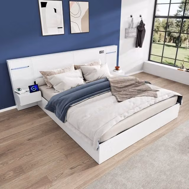 Letto matrimoniale 180 × 200 cm con USB, Type-C, Bluetooth e LED regolabile, senza materasso, bianco