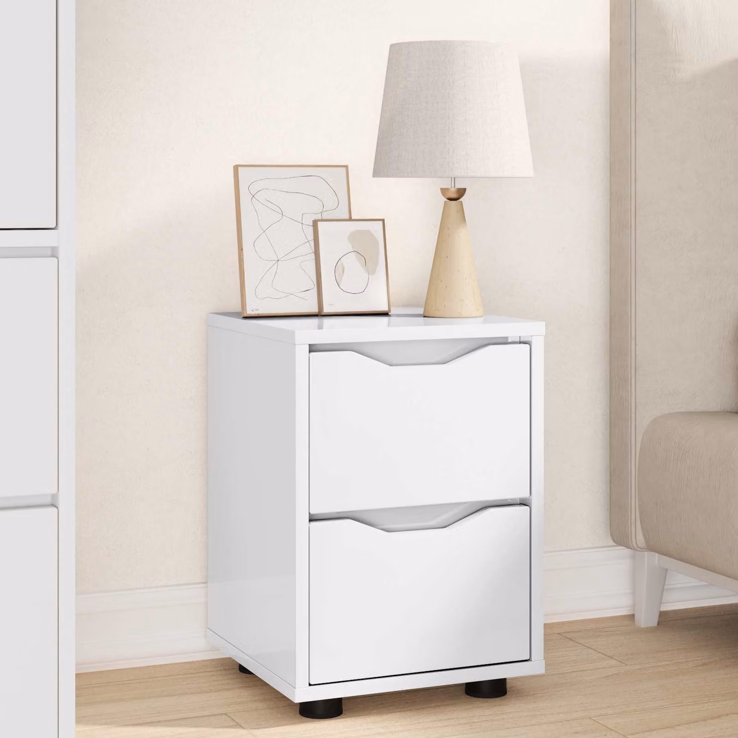 Comodino moderno vidaXL Bianco lucido in legno ingegnerizzato L 30,5 cm x P 30 cm x H 43 cm