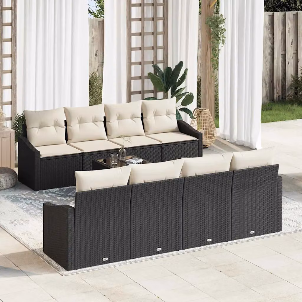 Set di divani da giardino vidaXL in rattan con cuscini e tavolino da esterno, 9 pezzi, Nero e Beige – 1