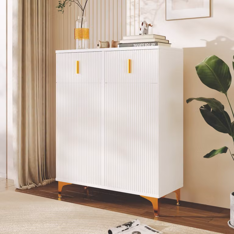 MODFU Credenza con 2 ante e 2 cassetti con maniglie dorate, mobile porta scarpe per soggiorno, camera da letto, camera dei bambini, camera dei ragazzi e ufficio, bianco