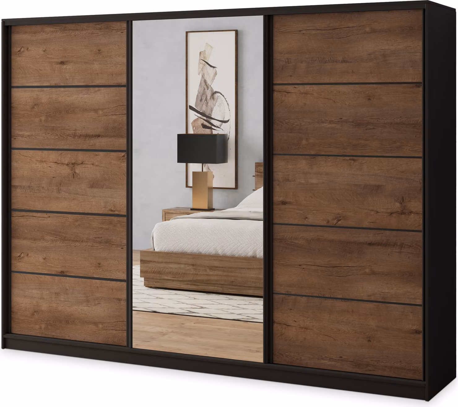 Armadio scorrevole Masseno NATA 270/205/58 cm Armadio con 4 cassetti Armadio per camera da letto a 3 ante con specchio Nero / Rovere Lefkas