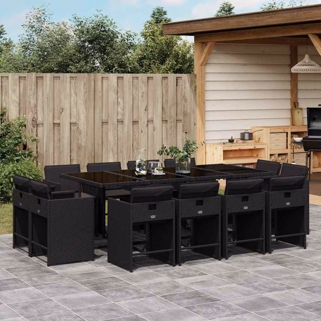 Set da pranzo da giardino vidaXL in polyrattan nero con cuscini e piano in vetro, 13 pezzi – 1