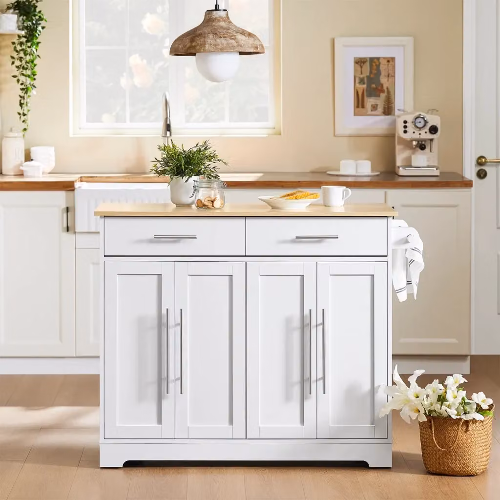 SoBuy FKW129-WN Carrello Isola Cucina con Piano di Lavoro Estensibile, 2 Cassetti e Ripiani Regolabili, Bianco, L113 x P91 x H44-69 cm – 2