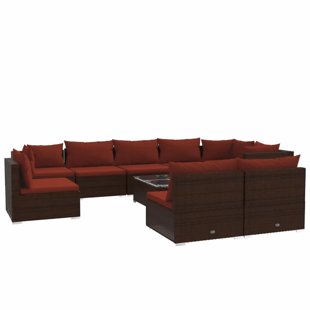 Set di divani da giardino vidaXL a forma di U composto da 10 pezzi con cuscini e tavolino da caffè in rattan marrone e rosso – 2