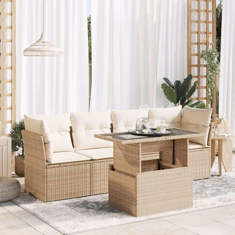 Set Divano da Giardino vidaXL a Forma di L con 5 Pezzi, Cuscini Beige e Tavolino, Design Moderno in Polyrattan e Metallo