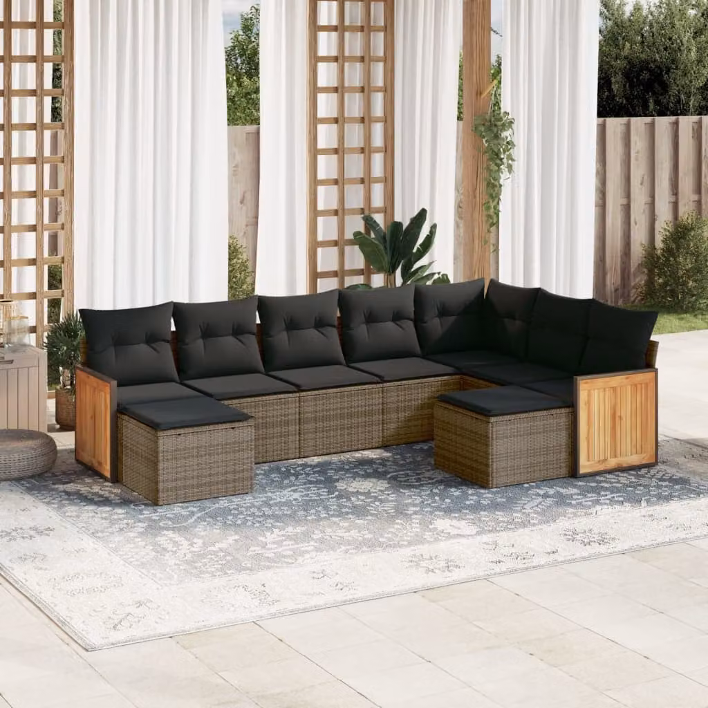 vidaXL Set Divano da Giardino a L 9 pz in Polyrattan Grigio con Cuscini e Ottoman – 1