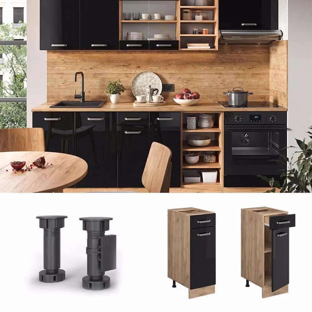 Mobiletto base per cucina Vicco R-Line Nero lucido e Rovere, L: 30 cm, H: 81,6 cm, P: 60 cm – 2