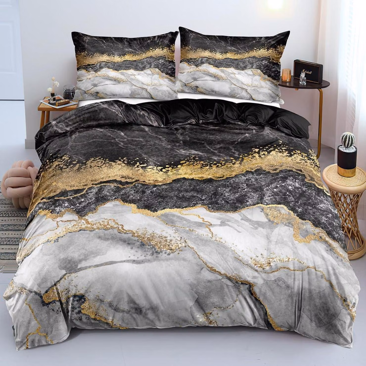 Set di lenzuola matrimoniali 220x240 cm, 3 pezzi, design marmo, oro e nero, in microfibra