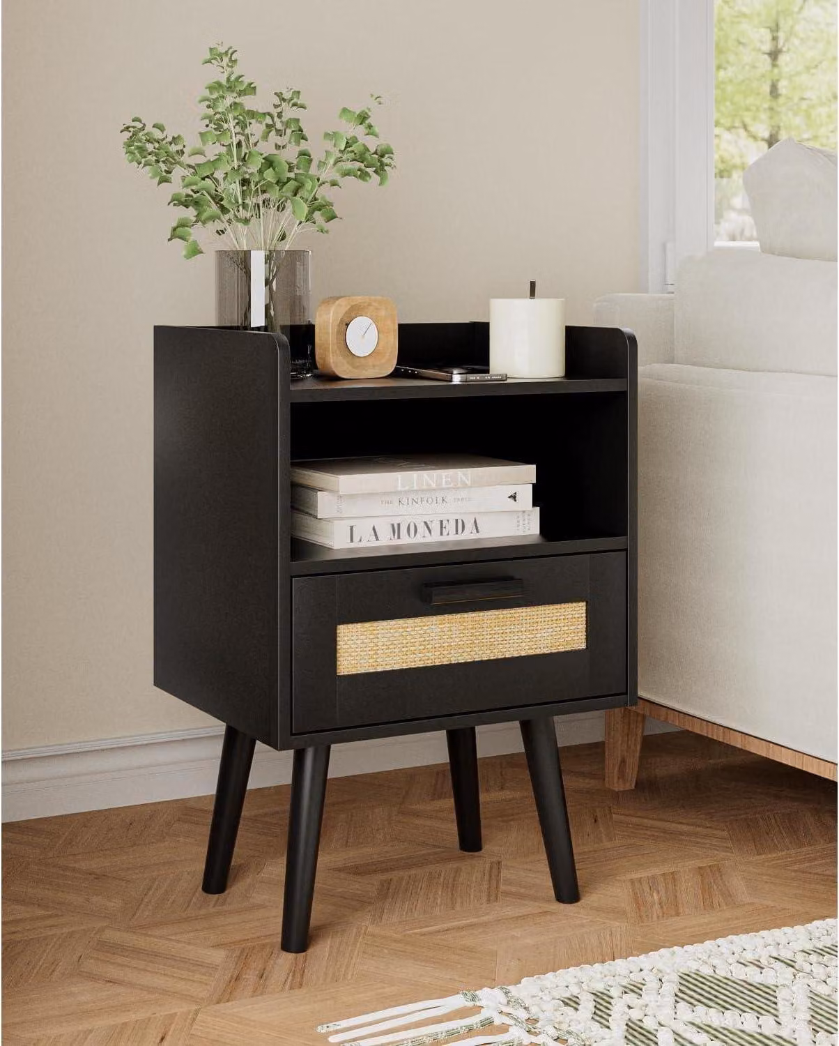 Comodino in rattan con cassetto e cornice dorata