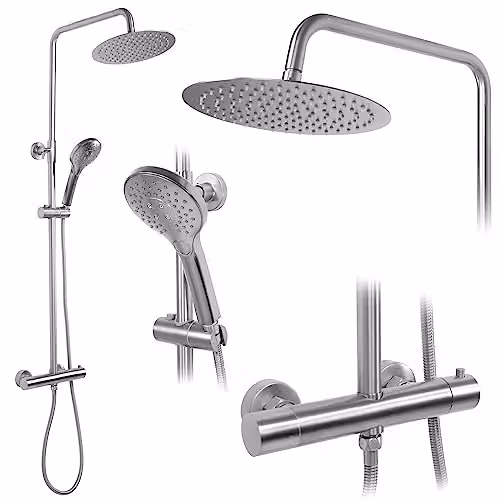 Rea - Colonna Doccia Con Termostato Vincent Nickel Brush Inox Sistema Doccia In Ottone Per Bagno (Acciaio) 48x27x123,5cm